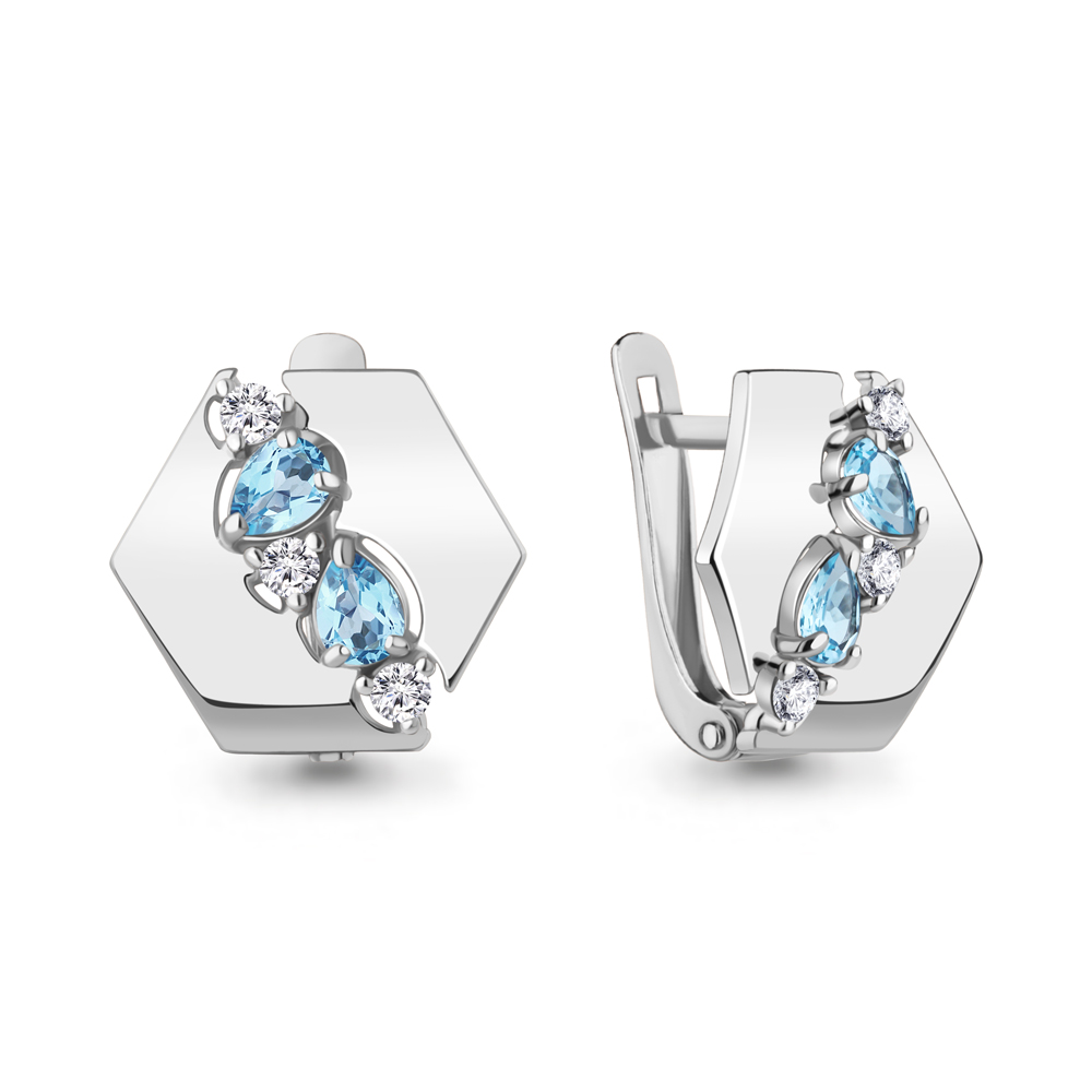 4796105А Серьги из Серебра с топазами свисс блю, фианитами