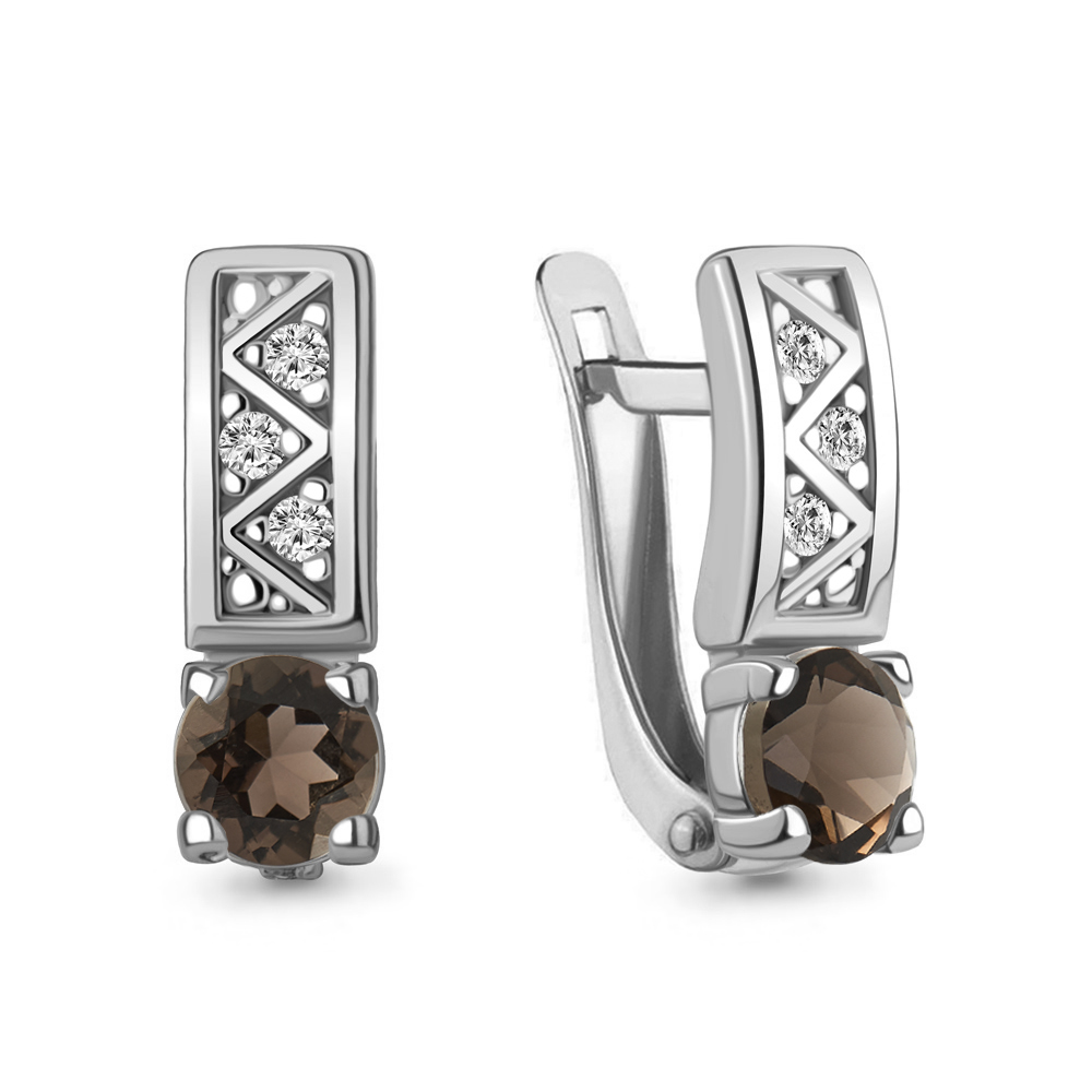 4796901А Серьги из Серебра с кварцами дымчатыми, фианитами