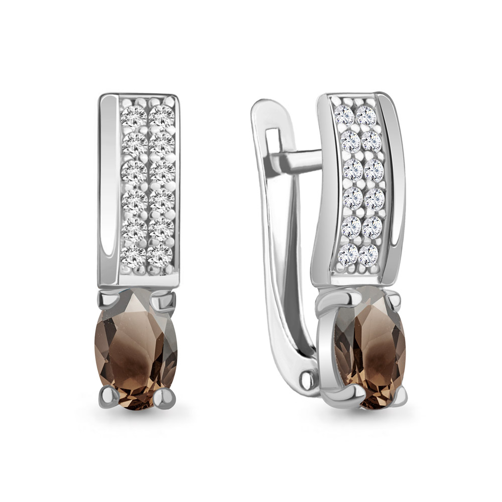 4797501А Серьги из Серебра с кварцами дымчатыми, фианитами