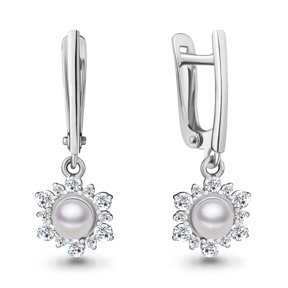 49263А Серьги из Серебра с культ. жемчугом  аа, фианитами