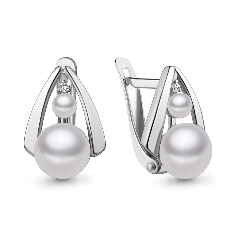 49322А Серьги из Серебра с культ. жемчугом  аа, фианитами