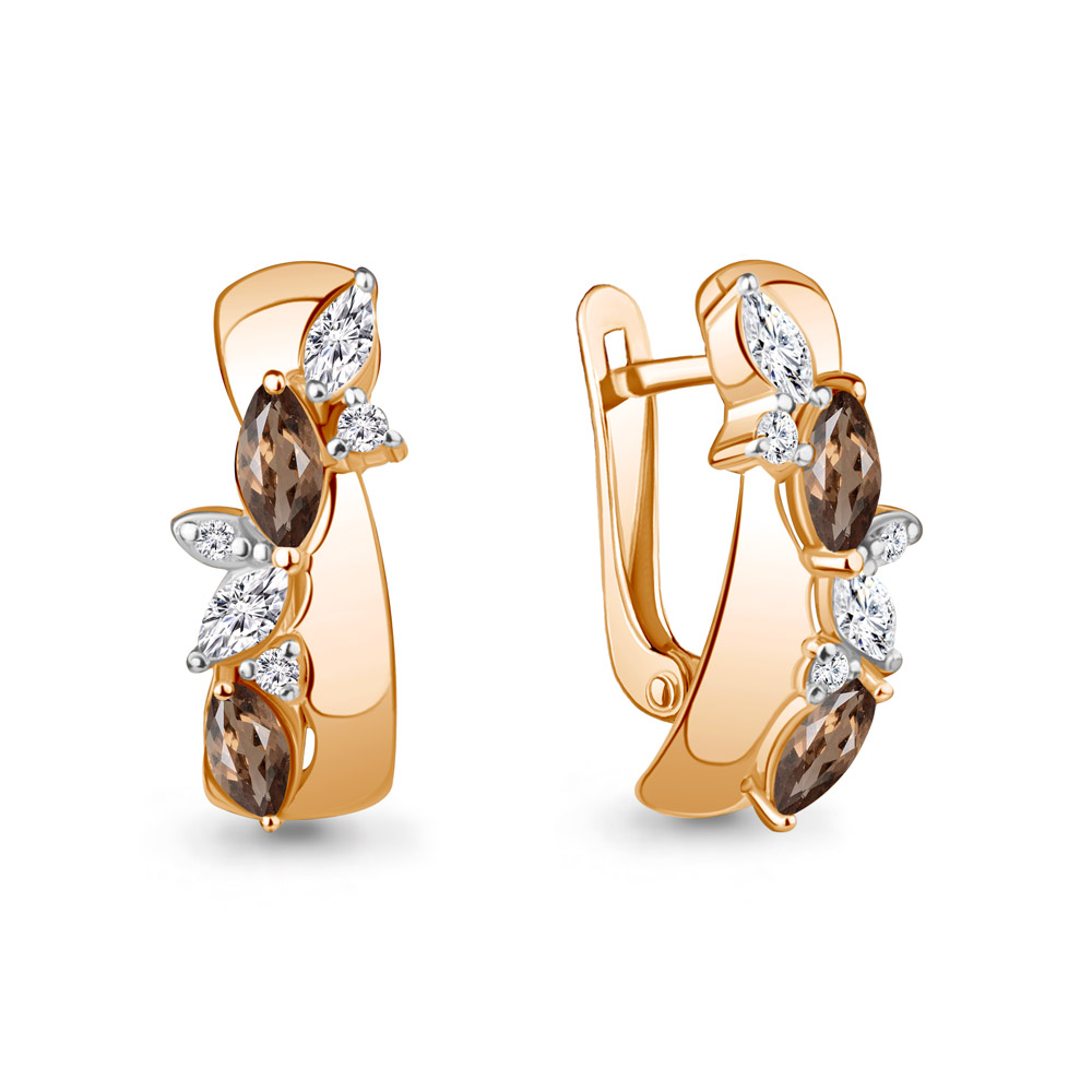 4964301 Серьги из Золота с кварцами дымчатыми, фианитами