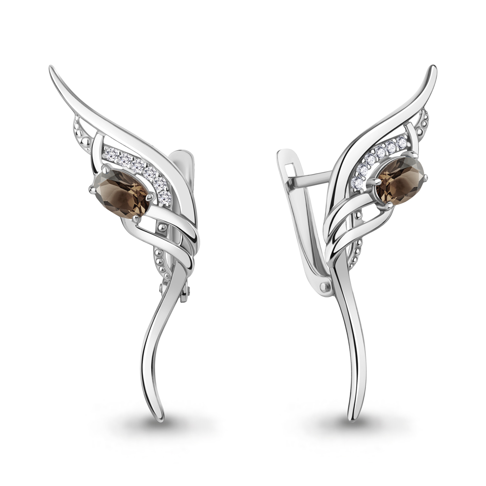 4967701А Серьги из Серебра с кварцами дымчатыми, фианитами