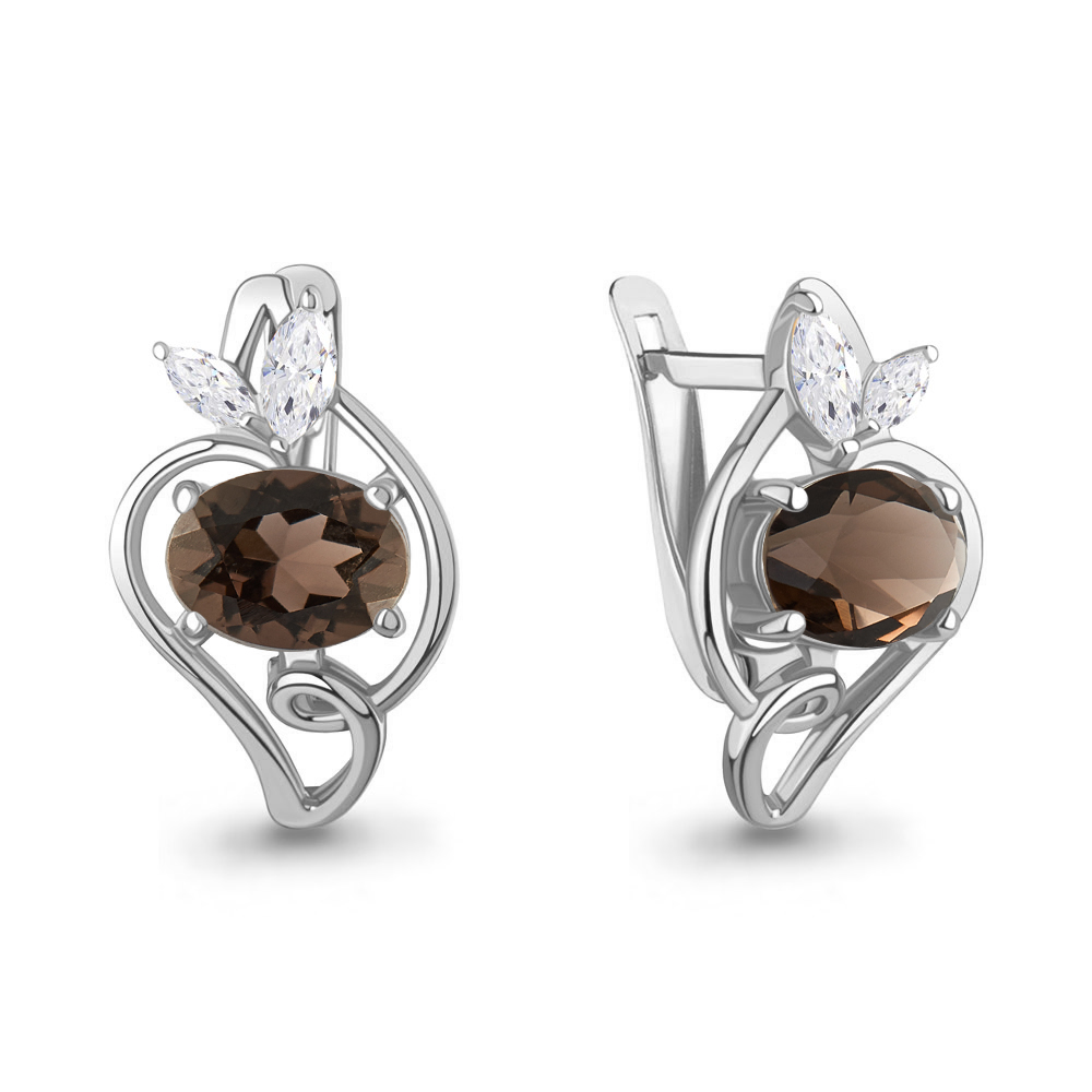 4968001 Серьги из Серебра с кварцами дымчатыми, фианитами