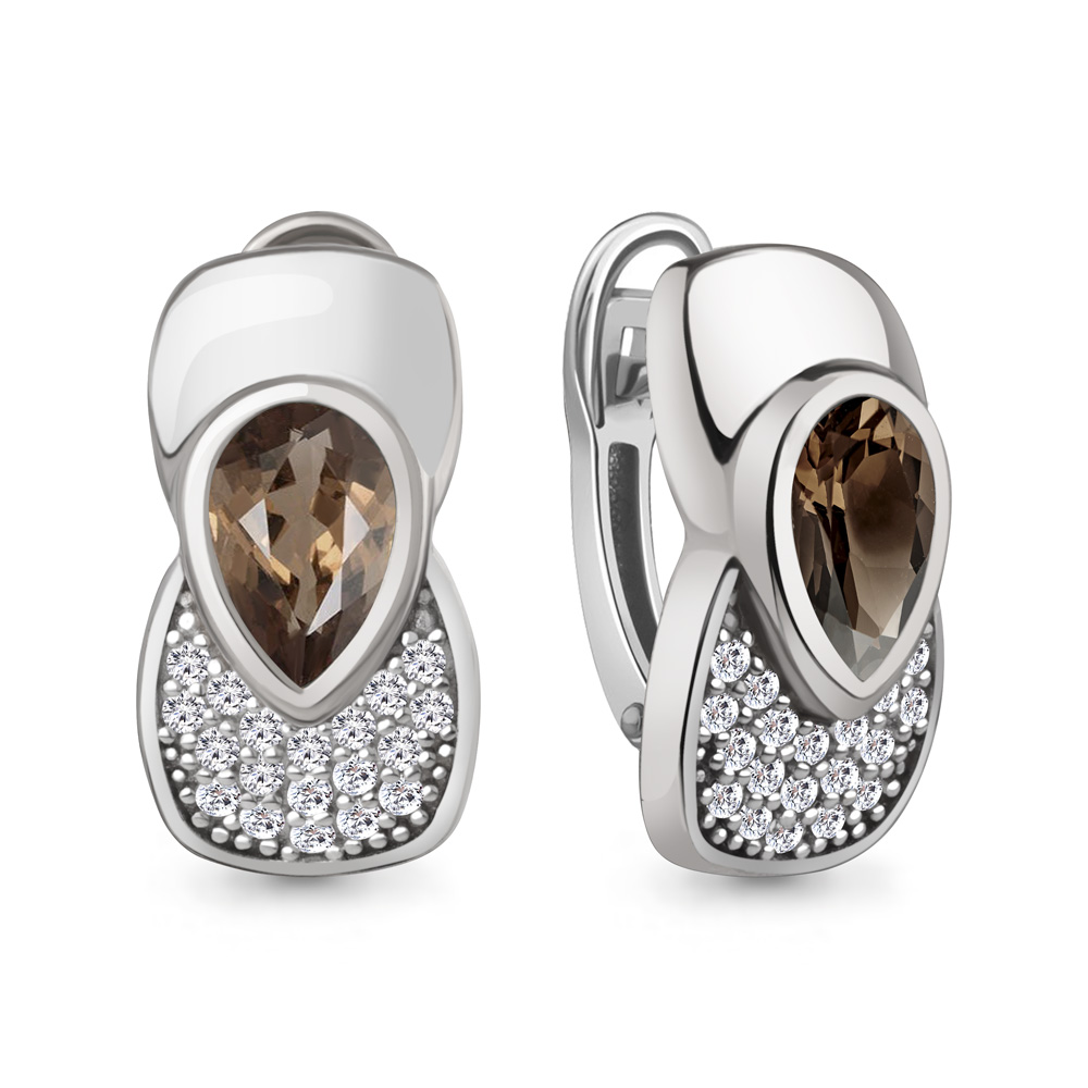 4969301А Серьги из Серебра с кварцами дымчатыми, фианитами