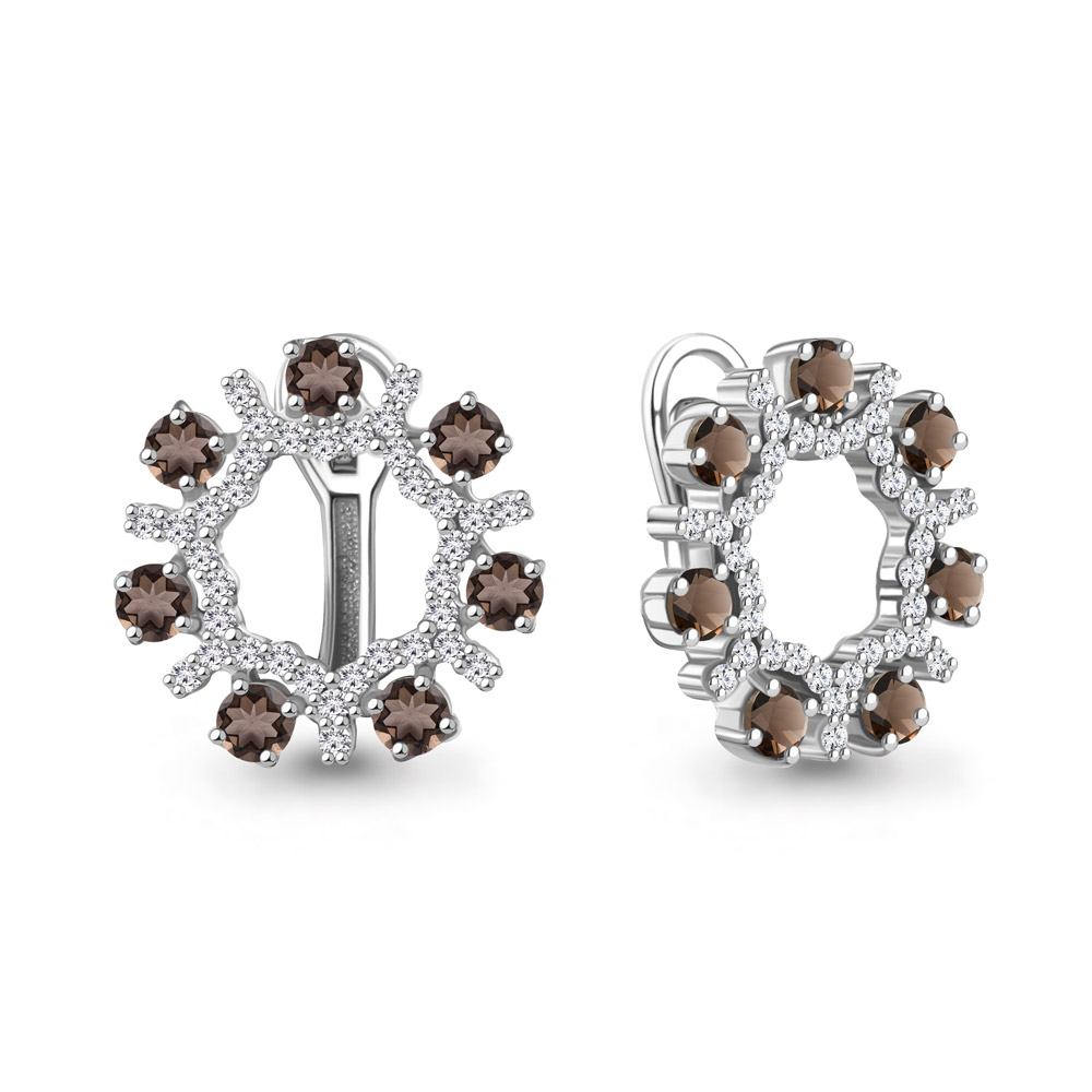 4969501А Серьги из Серебра с кварцами дымчатыми, фианитами