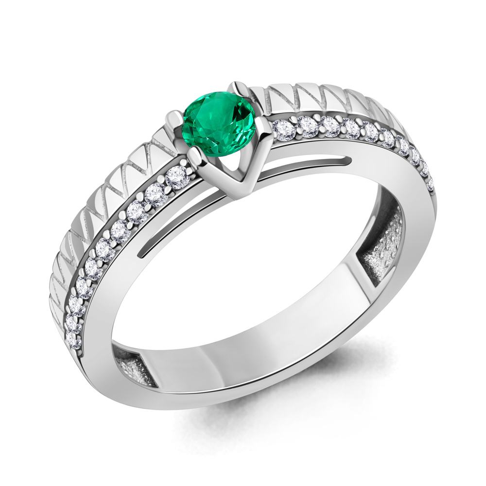 600083АГ Кольцо из Серебра с наноизумрудом, фианитами