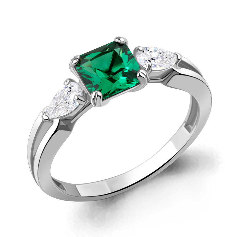 600355П Кольцо из Серебра с наноизумрудом, фианитами