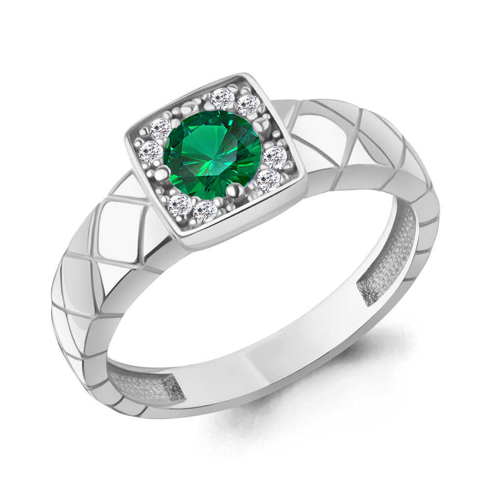 600452АГ Кольцо из Серебра с наноизумрудом, фианитами