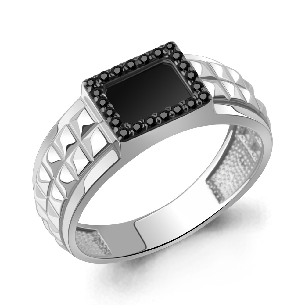 600467Ч Кольцо из Серебра с нанокристаллами, черным фианитом