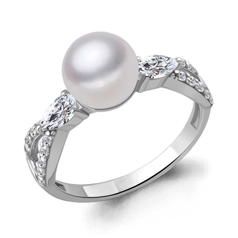 600521А Кольцо из Серебра с имитацией жемчуга, фианитами