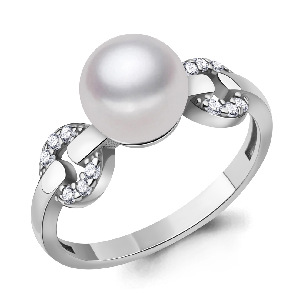 600522А Кольцо из Серебра с имитацией жемчуга, фианитами