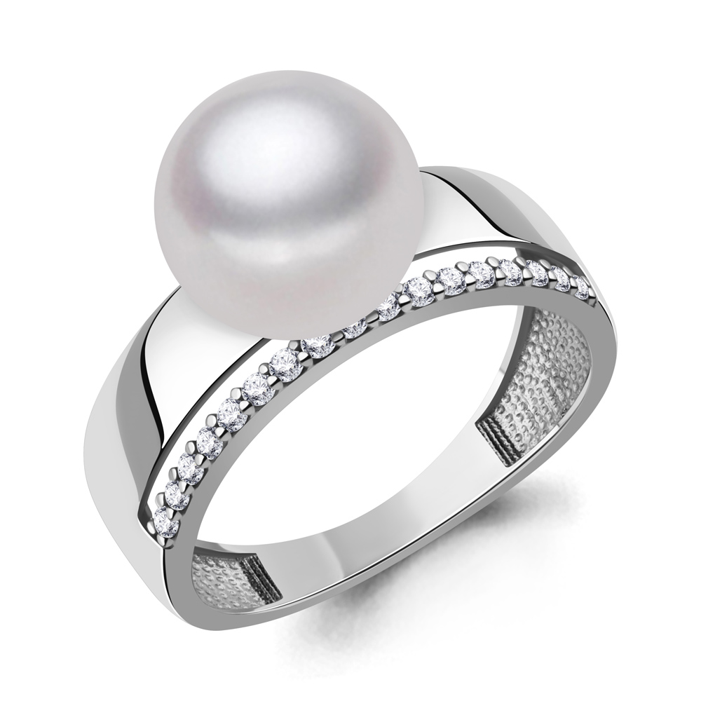 600548А Кольцо из Серебра с фианитами, хрустальным жемчугом