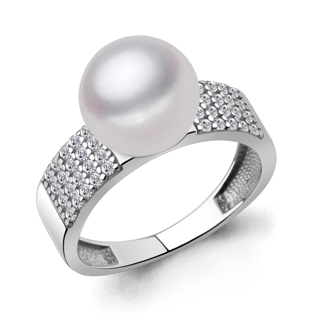 600549А Кольцо из Серебра с фианитами, хрустальным жемчугом