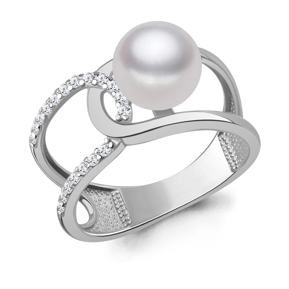 600553А Кольцо из Серебра с имитацией жемчуга, фианитами
