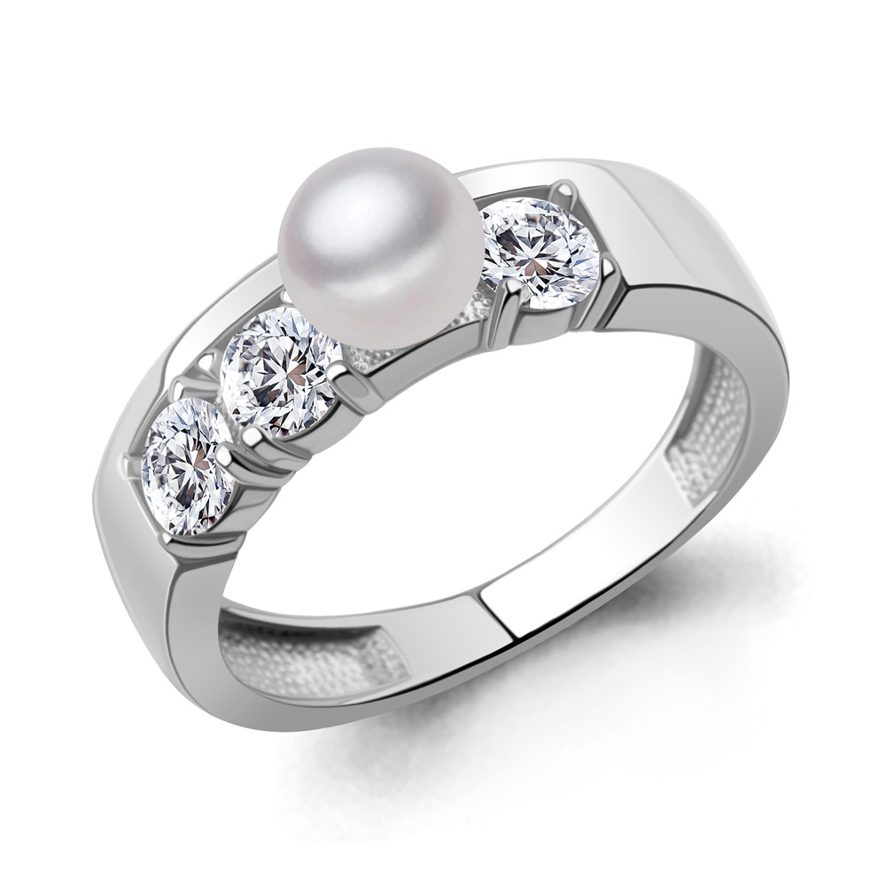 600555А Кольцо из Серебра с имитацией жемчуга, фианитами