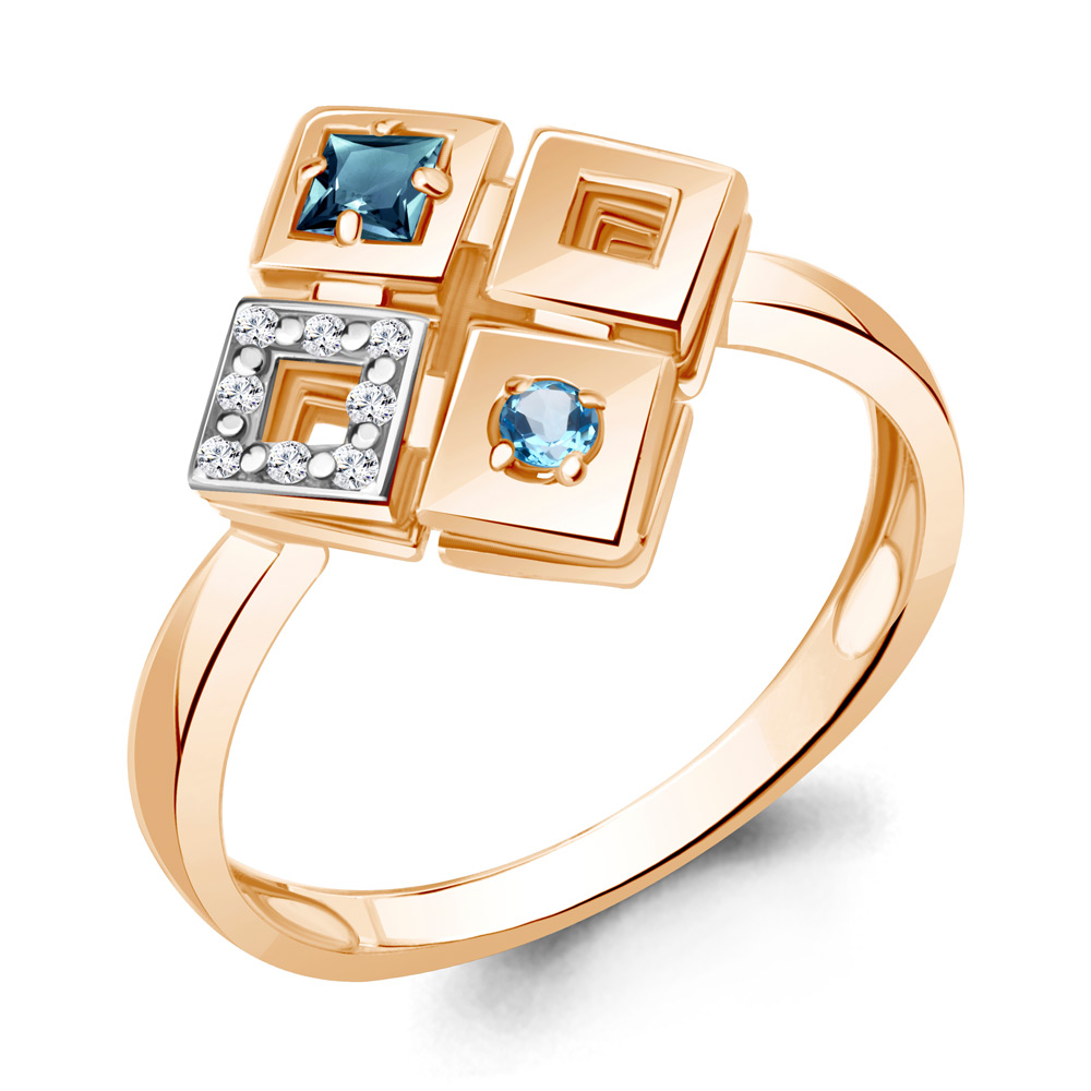 60090862А Кольцо из Золота с топазом лондон блю, топазом свисс блю, фианитами