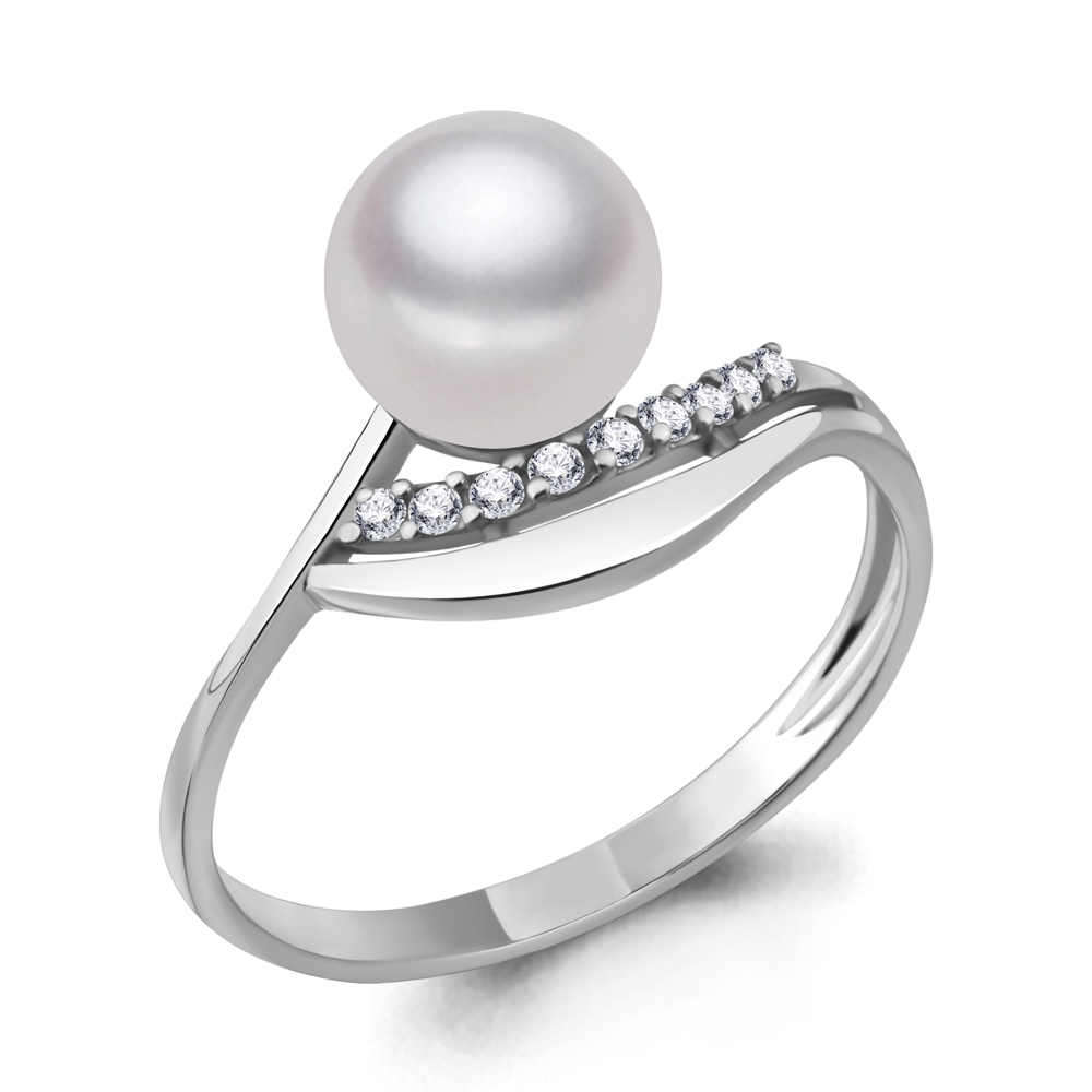 61763А Кольцо из Серебра с культ. жемчугом  аа, фианитами
