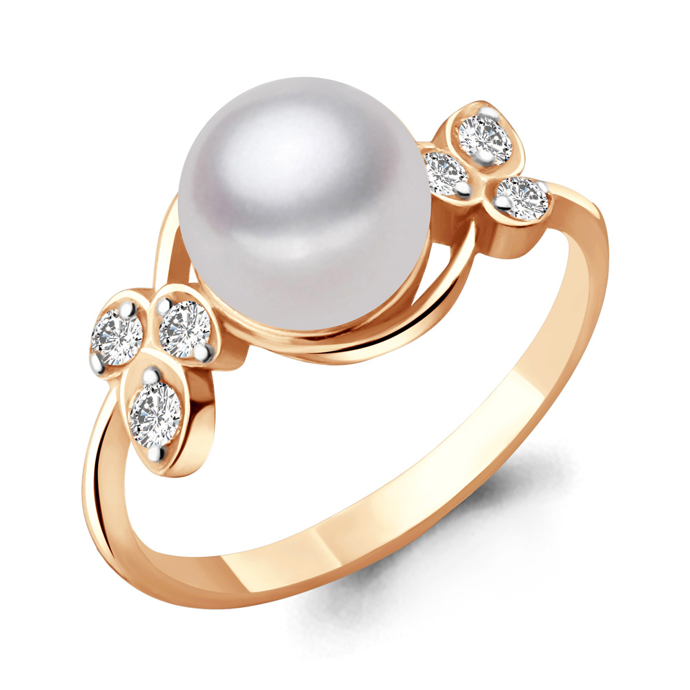 61774А Кольцо из Золота с культ. жемчугом  аа, фианитами