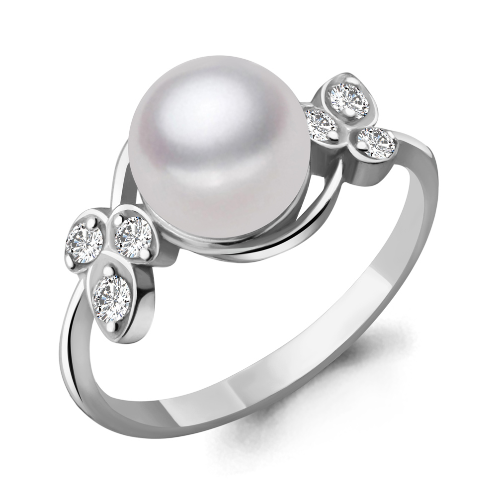 61774А Кольцо из Серебра с культ. жемчугом  аа, фианитами