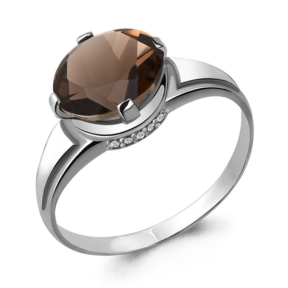 6394601А Кольцо из Серебра с кварцем дымчатым, фианитами