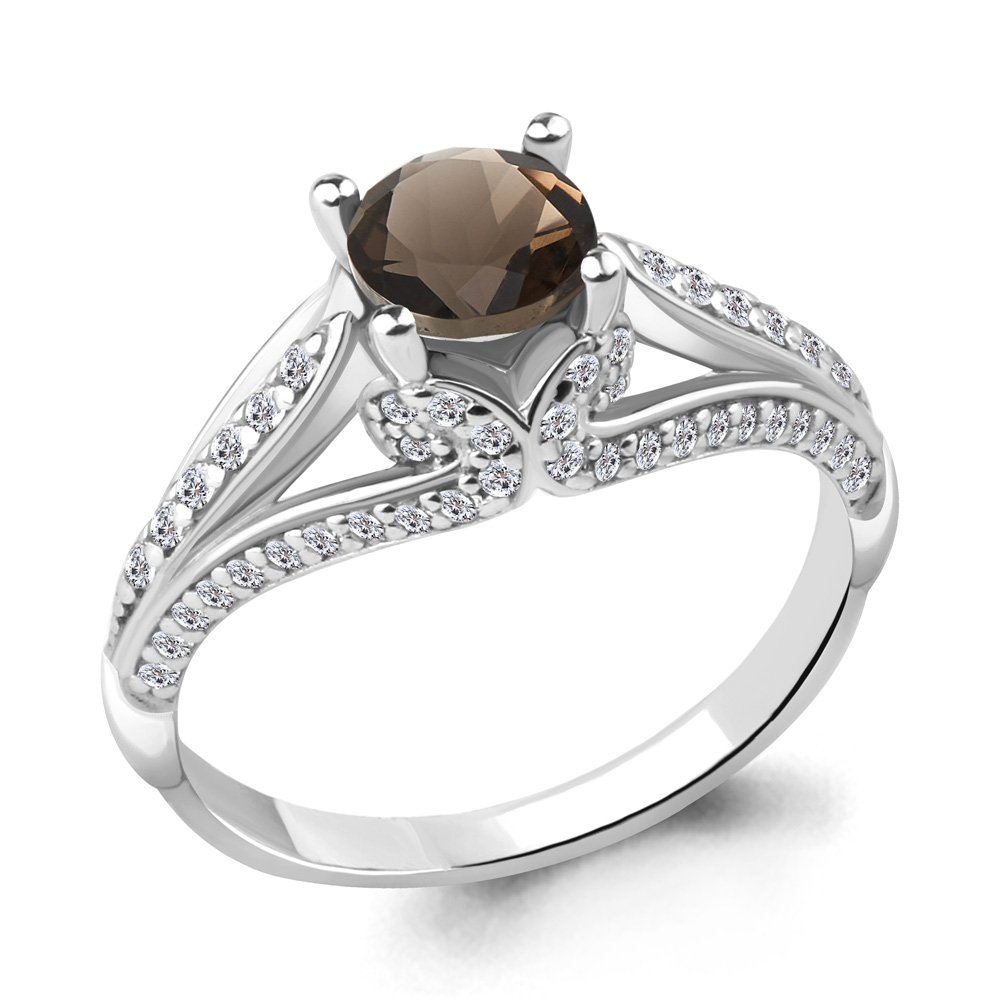 6398001А Кольцо из Серебра с кварцем дымчатым, фианитами