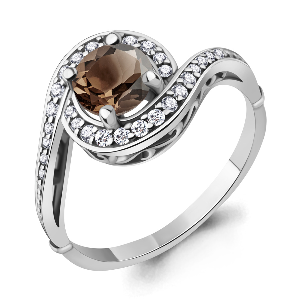 6398501А Кольцо из Серебра с кварцем дымчатым, фианитами