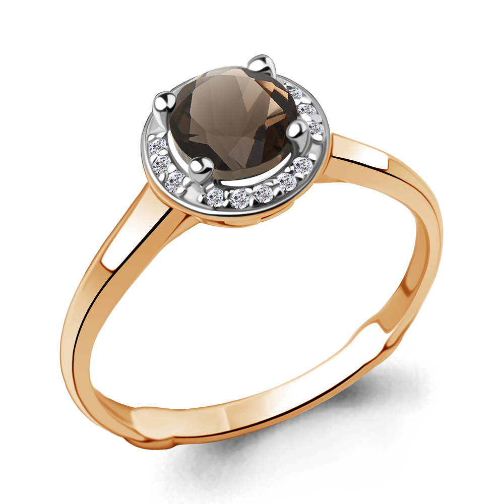 6399101А Кольцо из Золота с кварцем дымчатым, фианитами