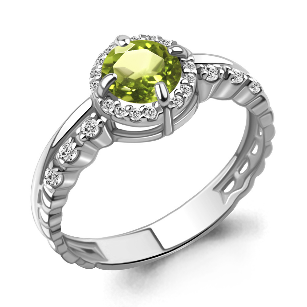6449207А Кольцо из Серебра с фианитами, хризолитом