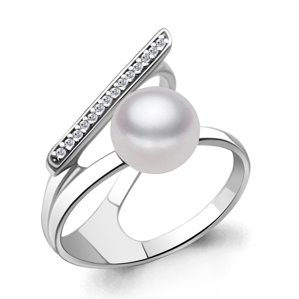 646271А Кольцо из Серебра с имитацией жемчуга, фианитами