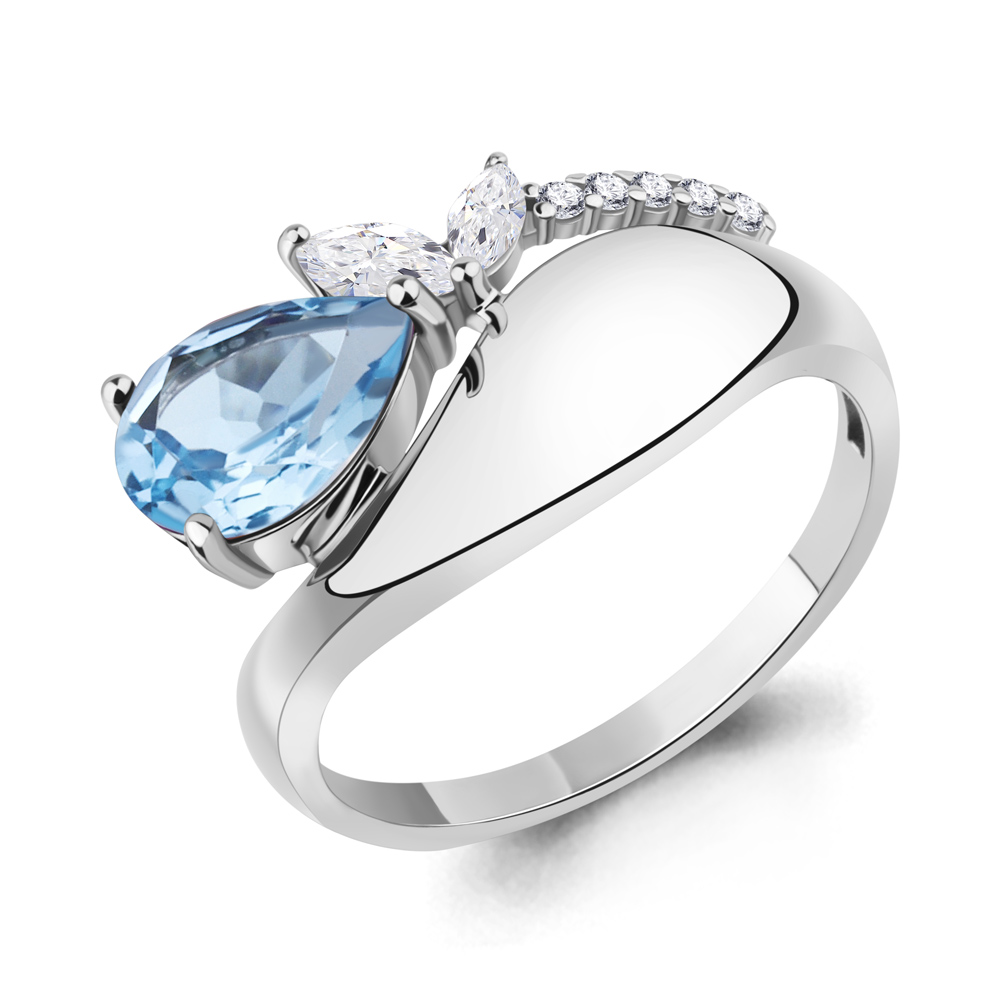 65000805А Кольцо из Серебра с топазом свисс блю, фианитами
