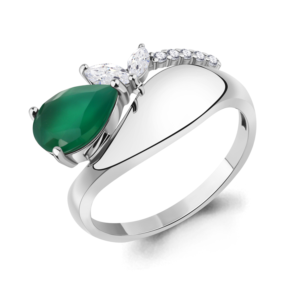 65000809А Кольцо из Серебра с агатом, фианитами