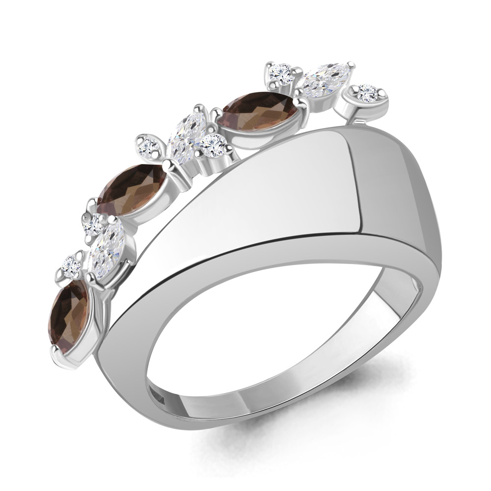 65001001А Кольцо из Серебра с кварцами дымчатыми, фианитами