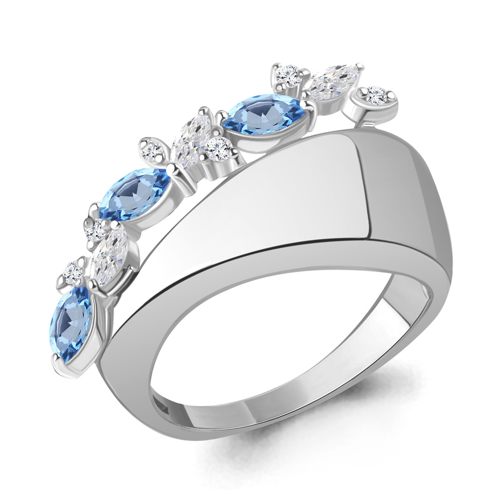 65001005А Кольцо из Серебра с топазами свисс блю, фианитами