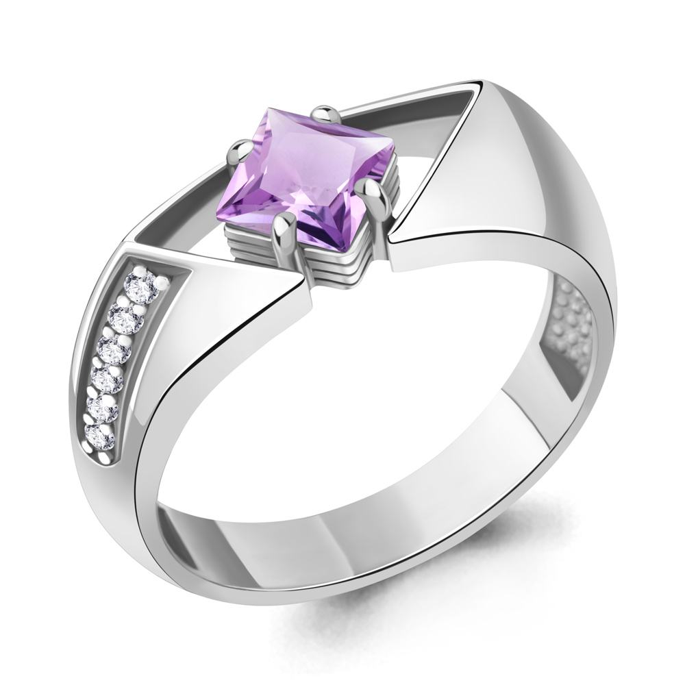 65001904А Кольцо из Серебра с аметистом, фианитами