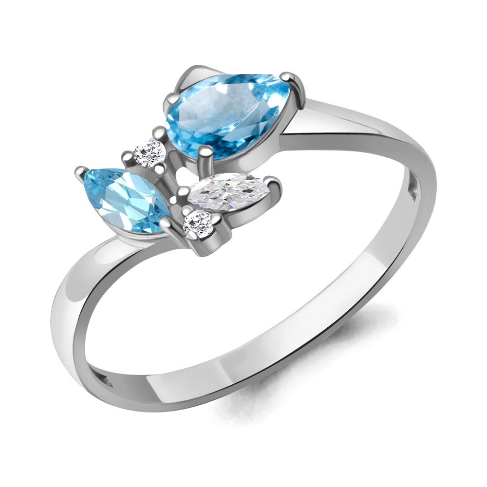 65004105А Кольцо из Серебра с топазами свисс блю, фианитами