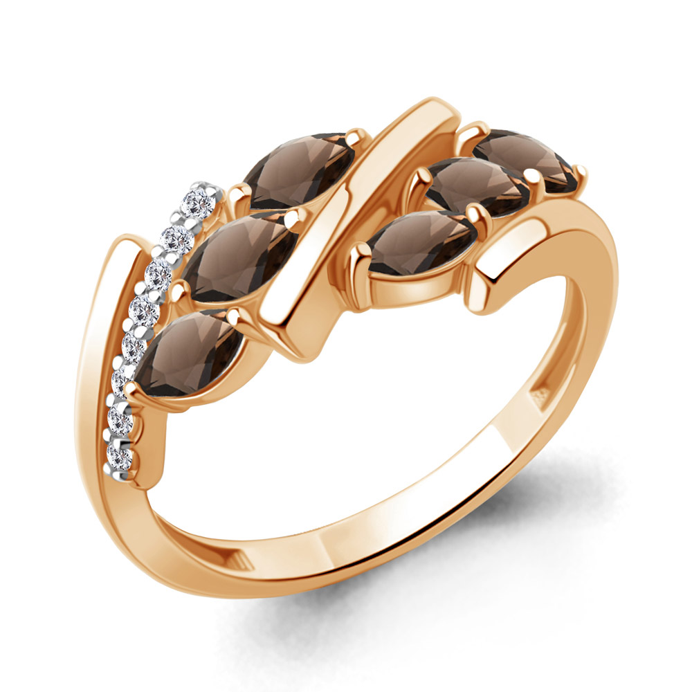 65005201А Кольцо из Золота с кварцами дымчатыми, фианитами