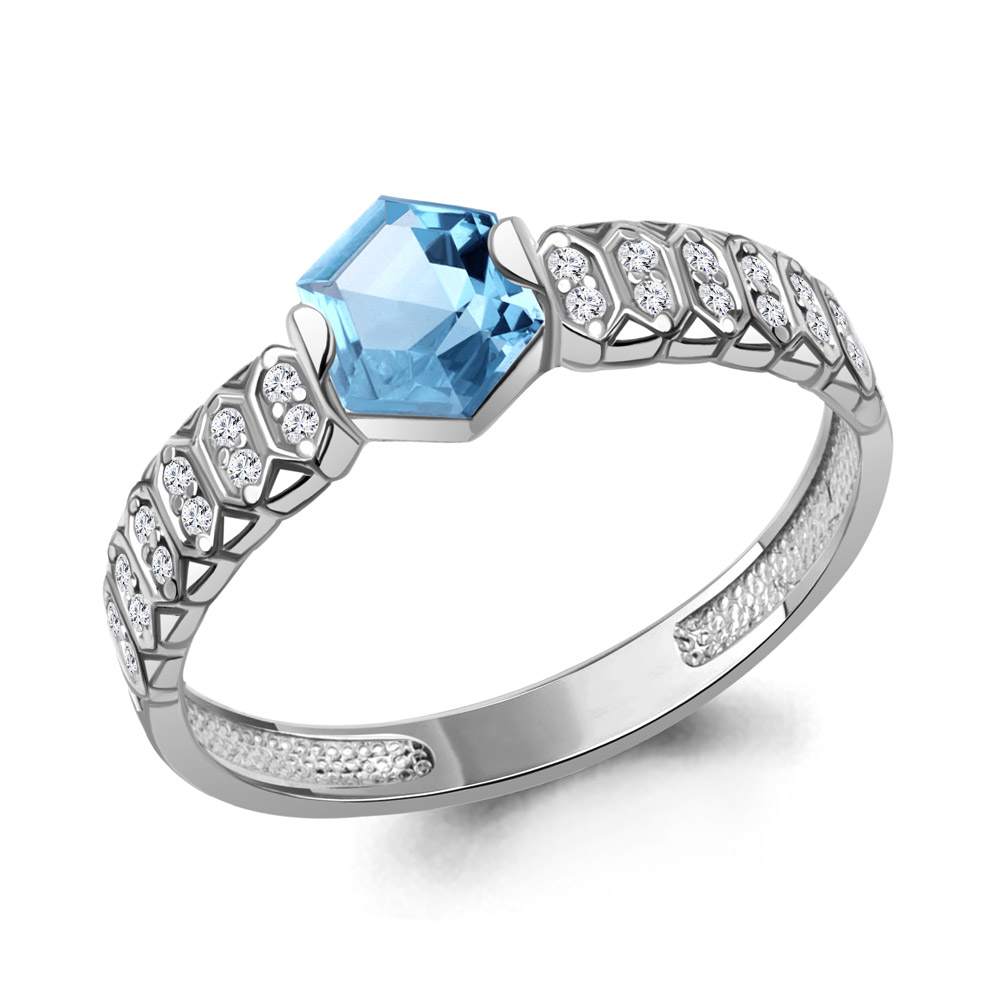 Кольцо из Серебра с нанотопазом свисс, фианитами, артикул 65006892А - AQUAMARINE Jewelry