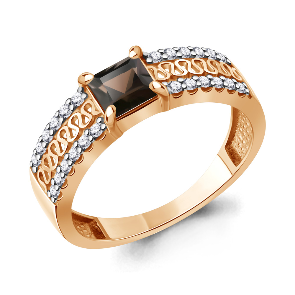 65009101 Кольцо из Золота с кварцем дымчатым, фианитами