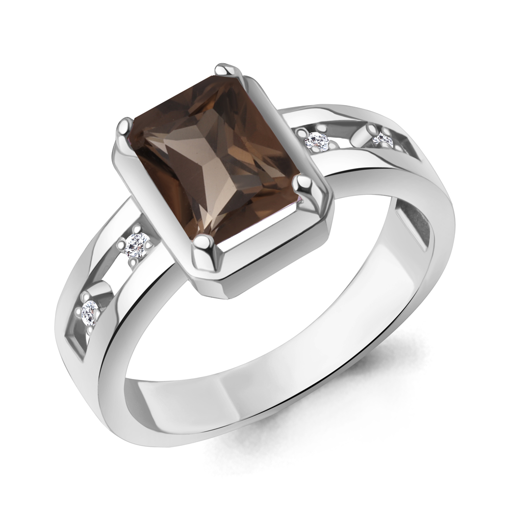 65016801 Кольцо из Серебра с кварцем дымчатым, фианитами
