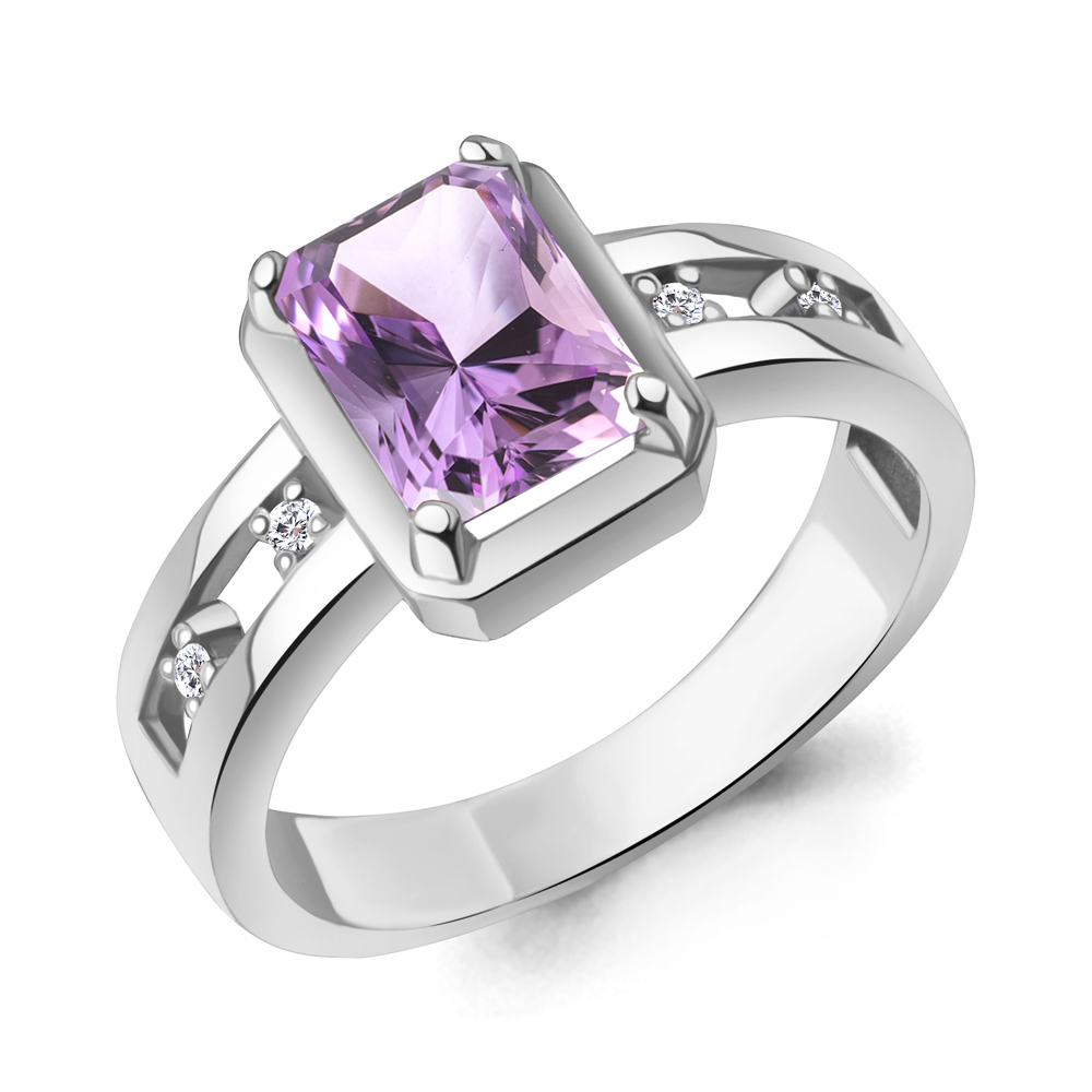 65016804А Кольцо из Серебра с аметистом, фианитами