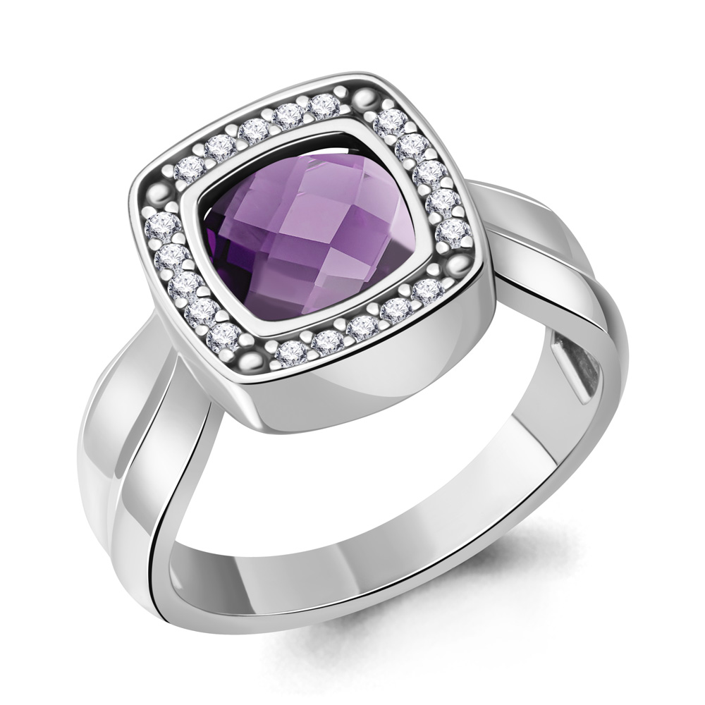 65016904А Кольцо из Серебра с аметистом, фианитами