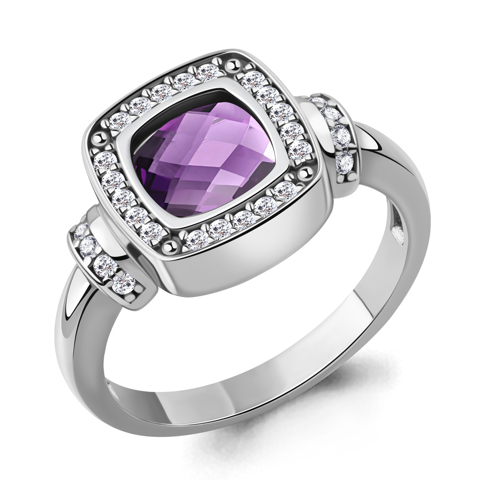 65017004А Кольцо из Серебра с аметистом, фианитами