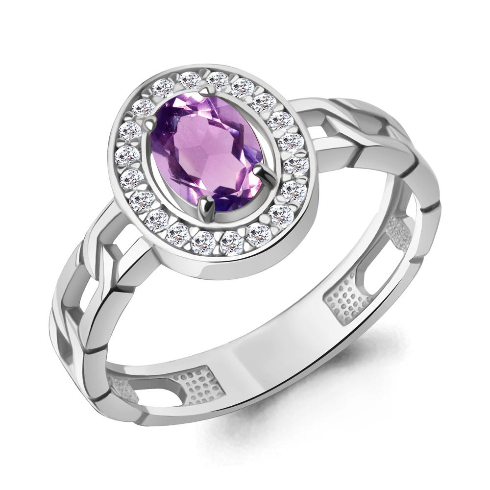 65017704А Кольцо из Серебра с аметистом, фианитами