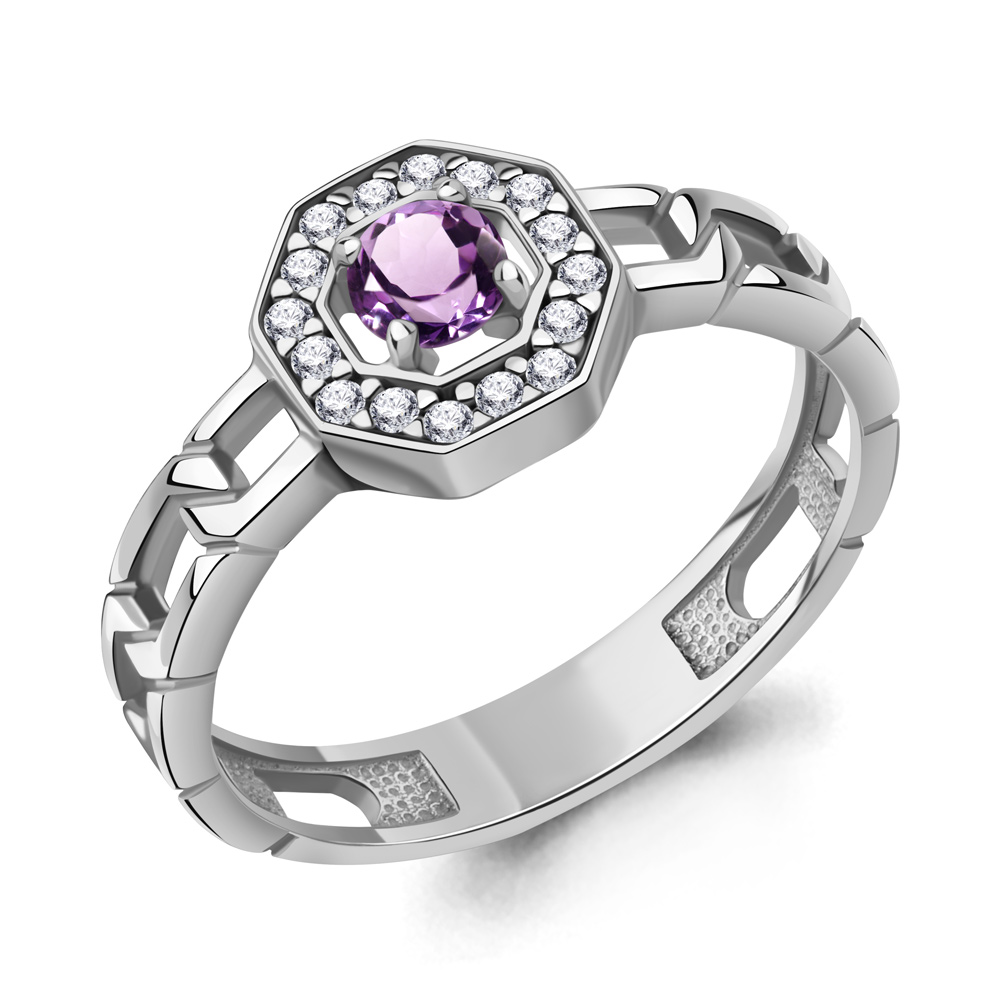 65017804А Кольцо из Серебра с аметистом, фианитами
