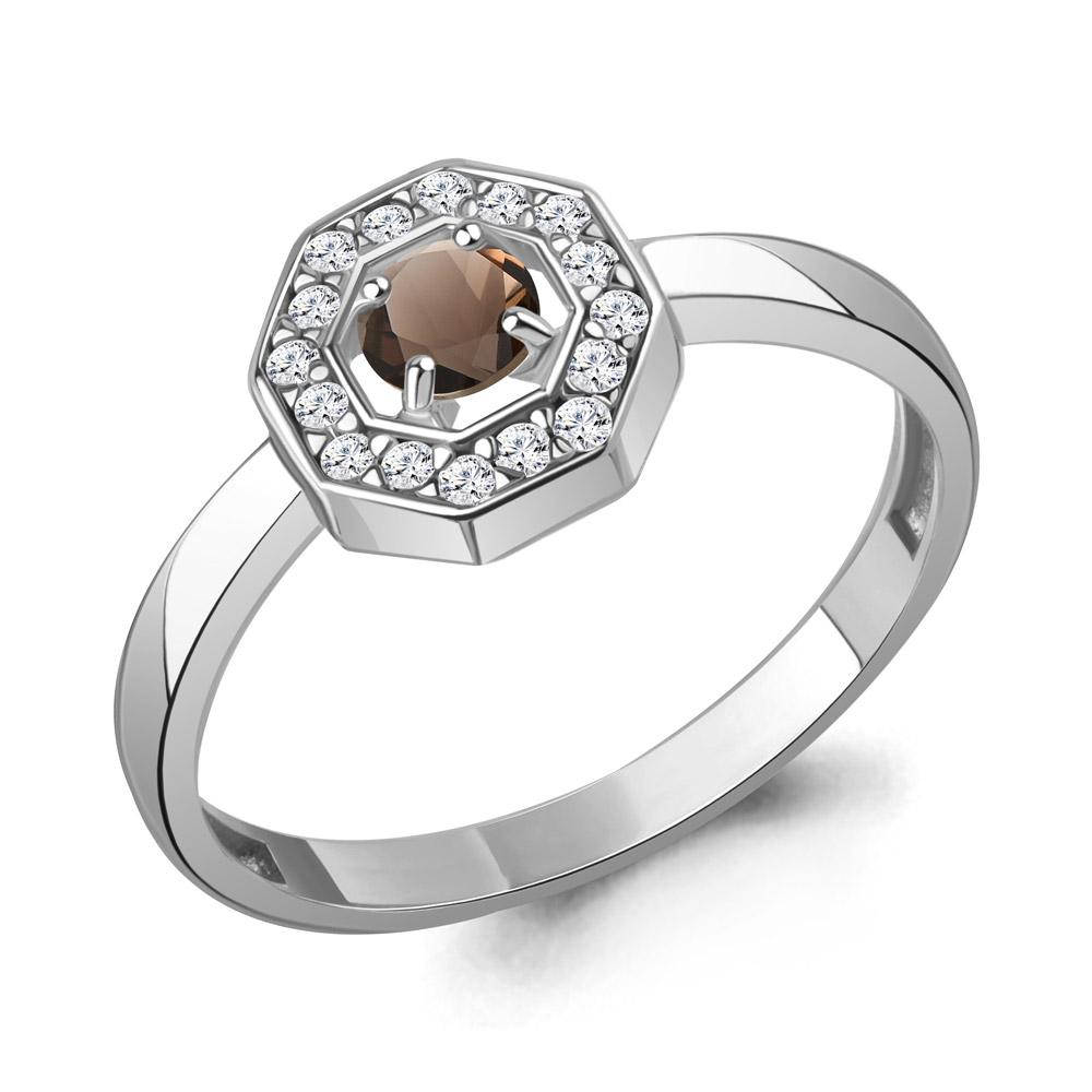 65018201А Кольцо из Серебра с кварцем дымчатым, фианитами