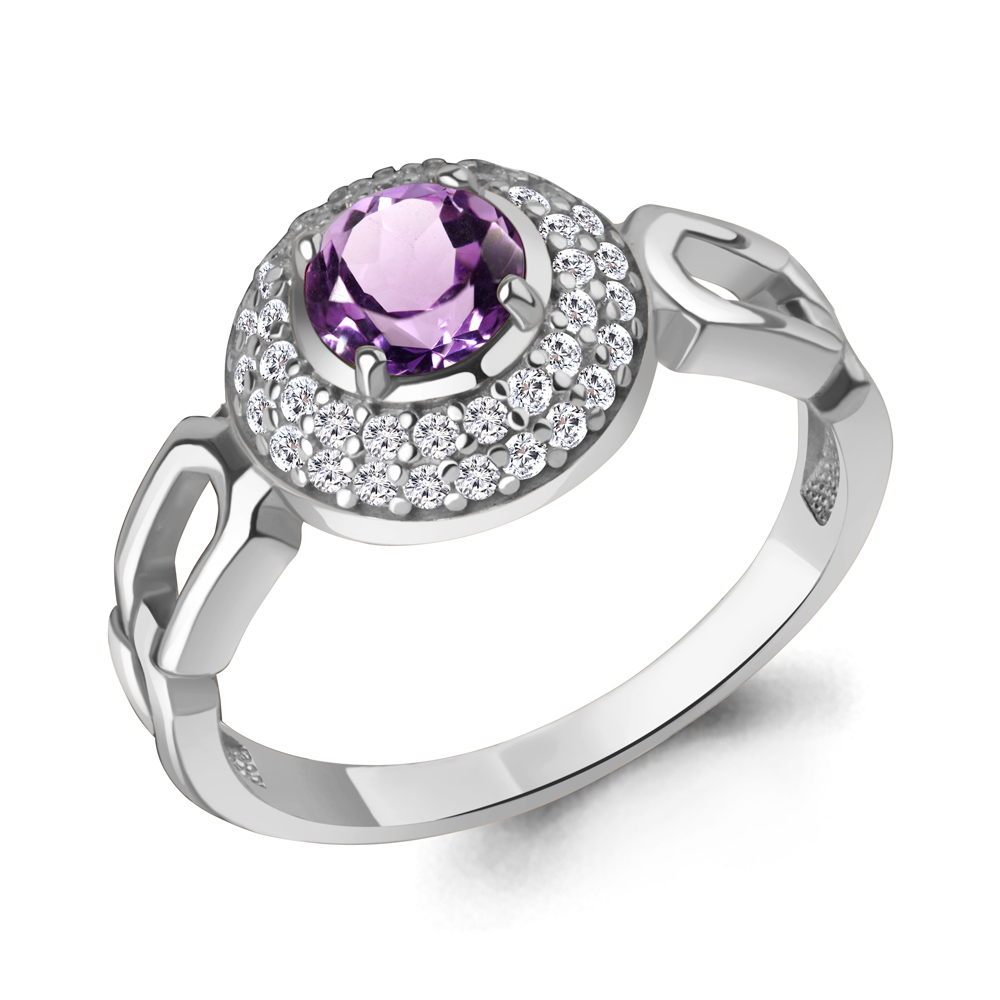 65019004А Кольцо из Серебра с аметистом, фианитами