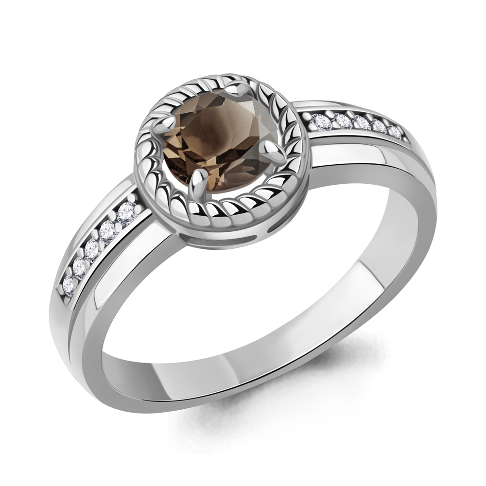 65019401А Кольцо из Серебра с кварцем дымчатым, фианитами