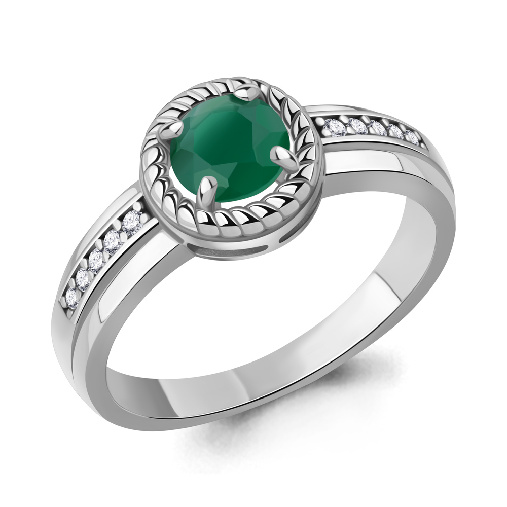 65019409А Кольцо из Серебра с агатом, фианитами