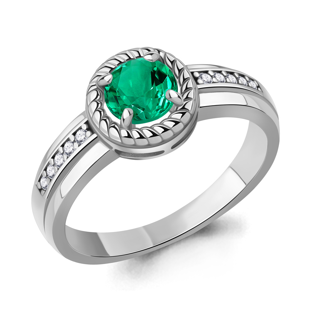 650194АГ Кольцо из Серебра с наноизумрудом, фианитами